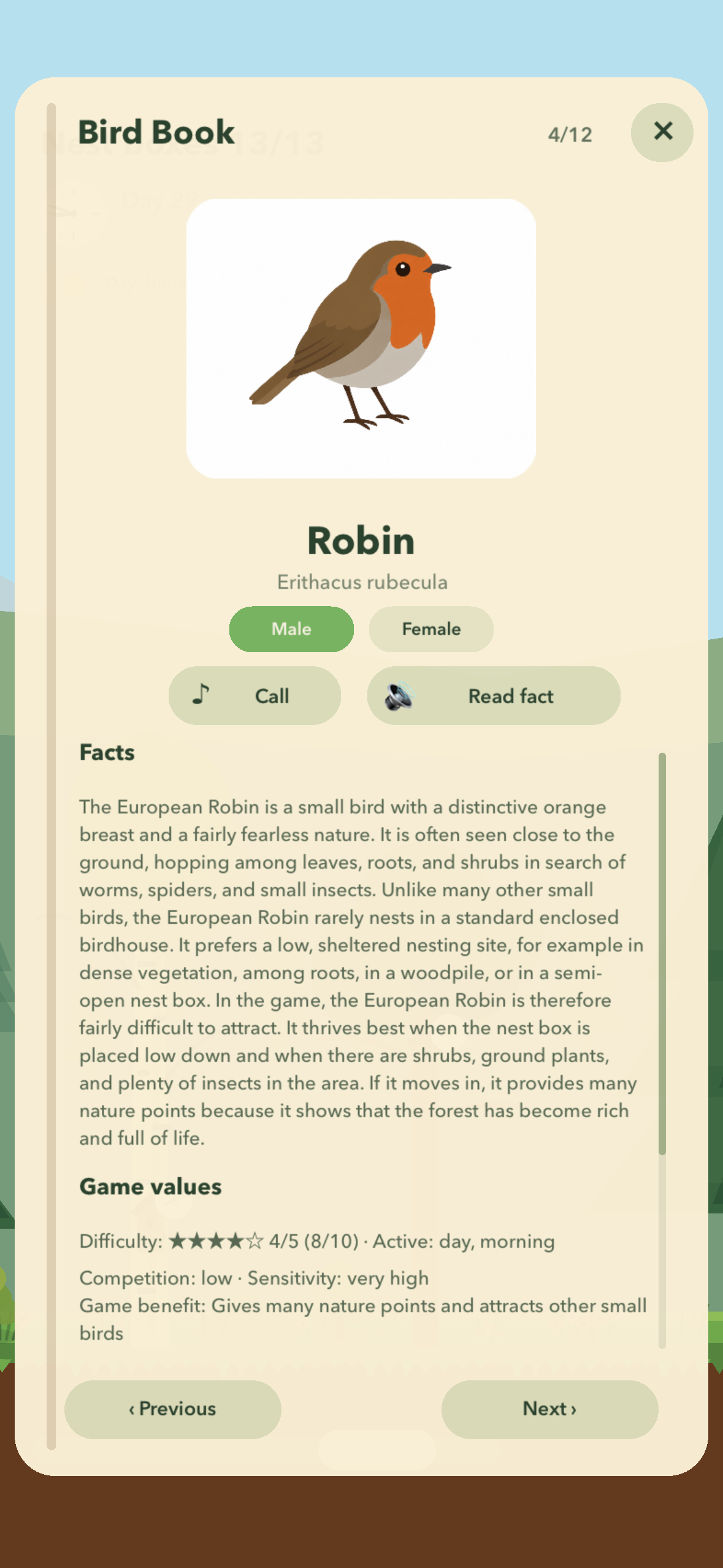 Wing Valley bird book showing a European robin and facts about the species